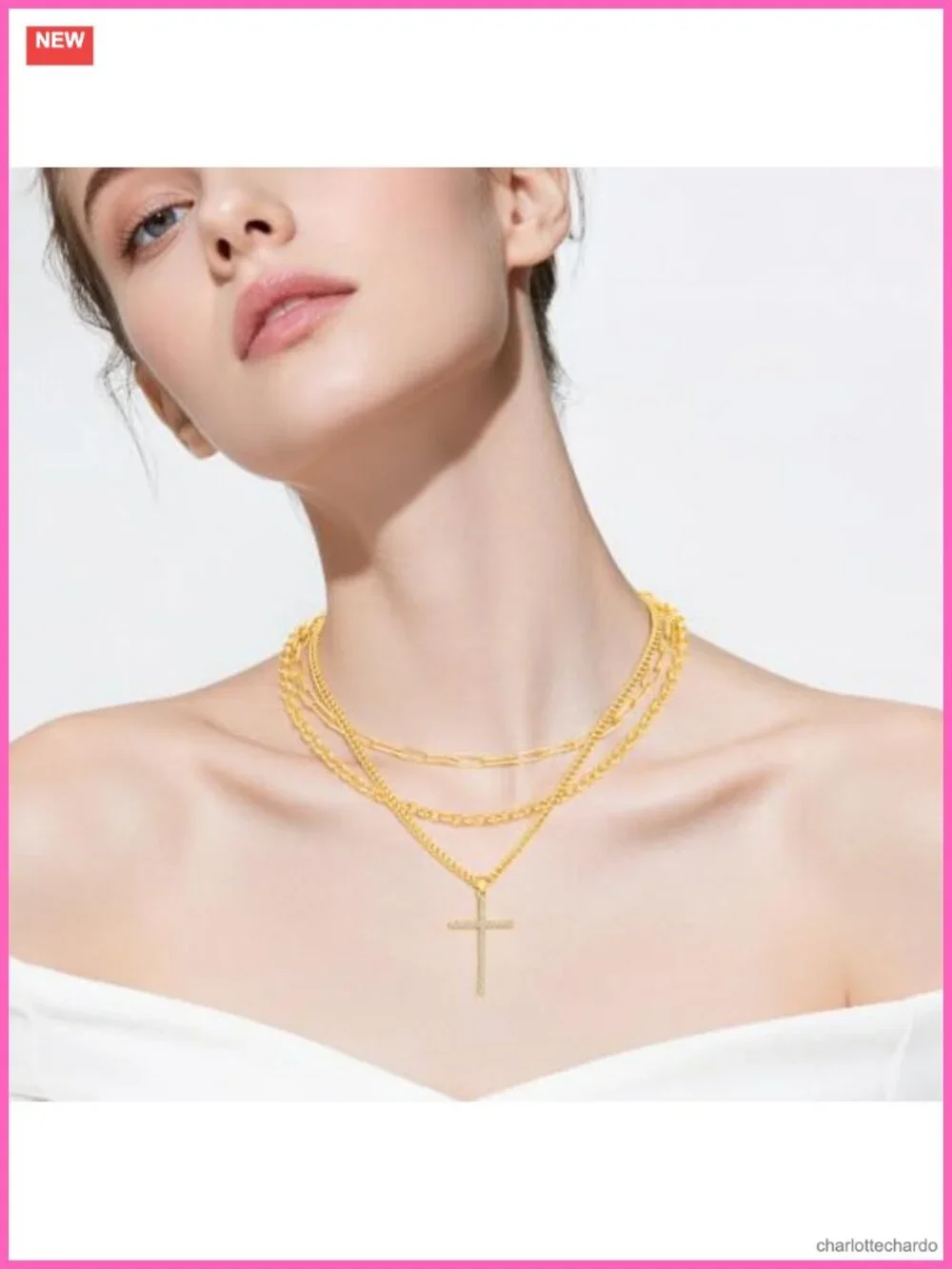 14K Gold Plated Layered Cross Pendant Necklace Set 3 Pc Paperclip Cuban Link